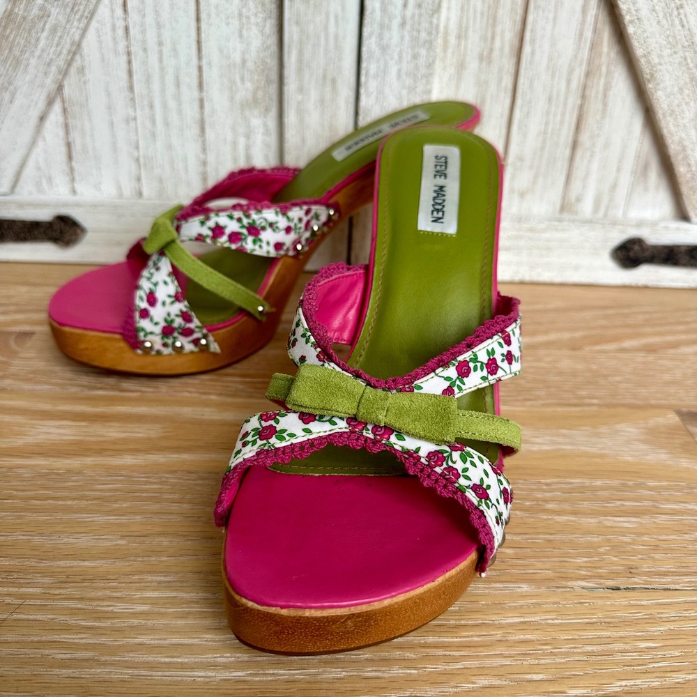 RARE Vintage Steve Madden Luckii Platform Heels Floral Bow Coquette Y2K 9B